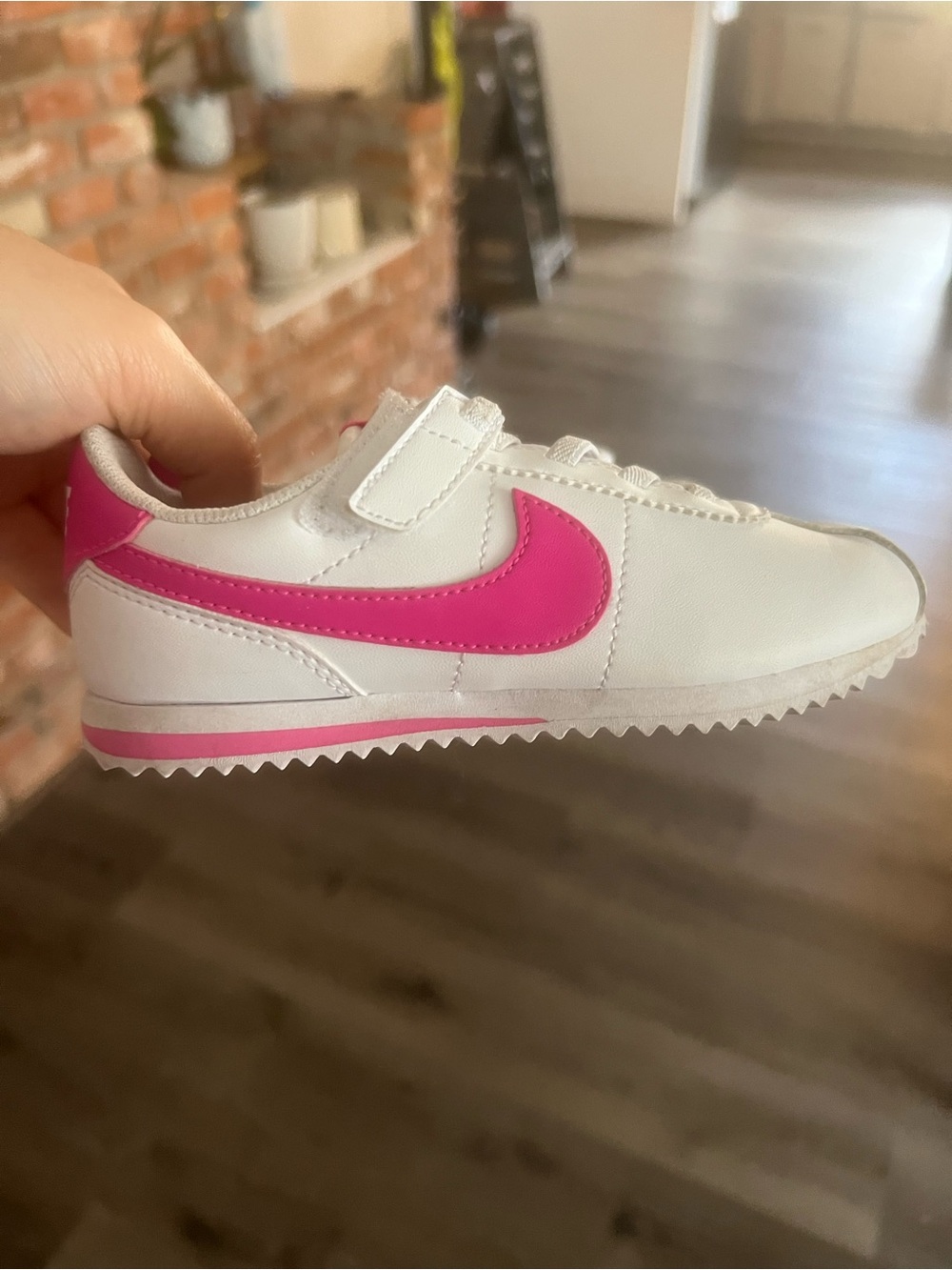 Nike Kids White Sneaker with Pink Swoosh Cortez 11c